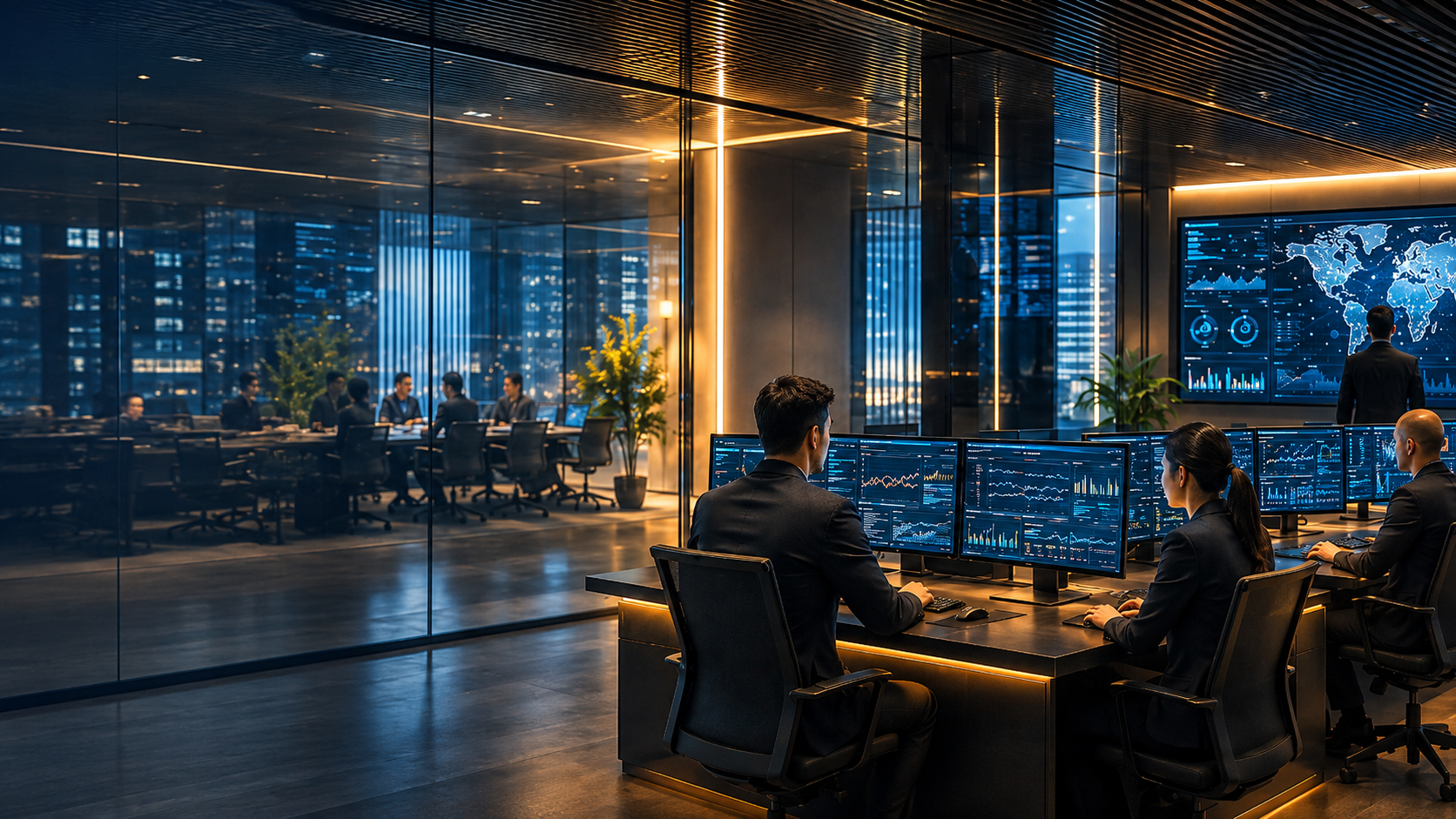 AI operations specialists monitoring secure systems in a navy and gold control centre