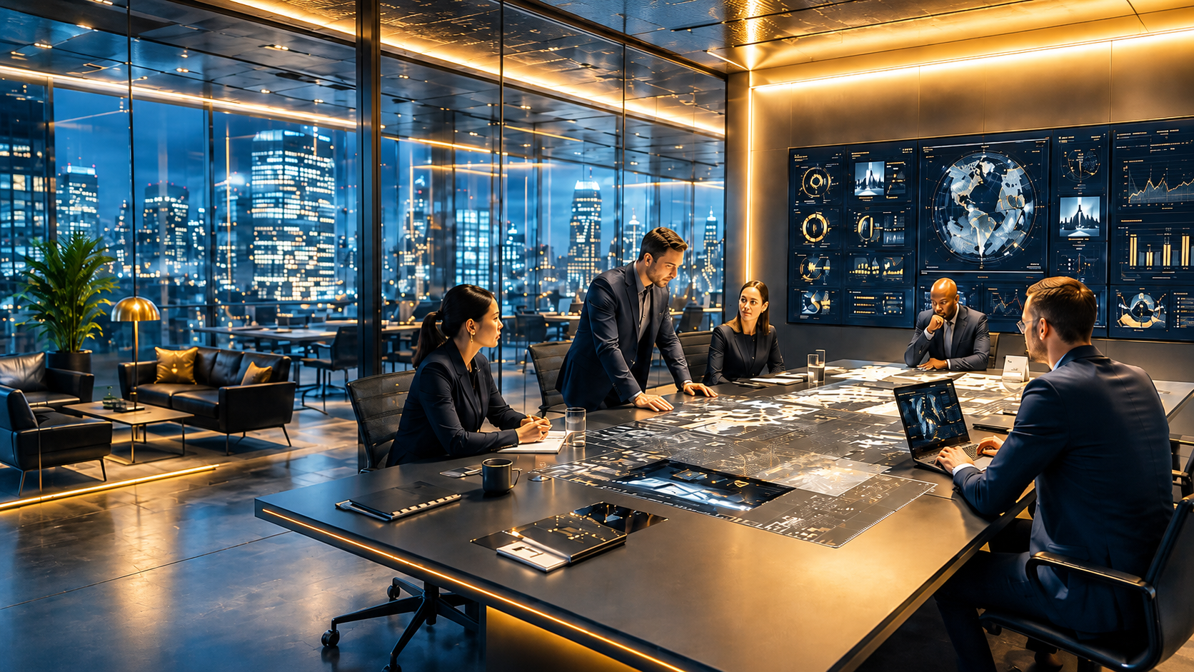 A multidisciplinary team collaborating around technical plans and AI dashboards