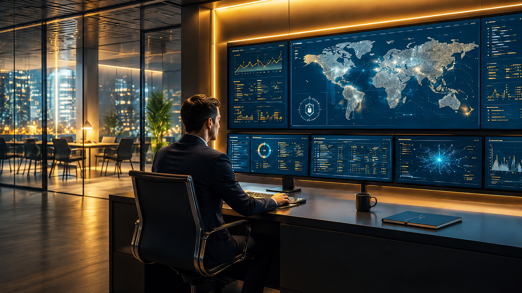 A security analyst monitoring protected global systems from a secure operations room